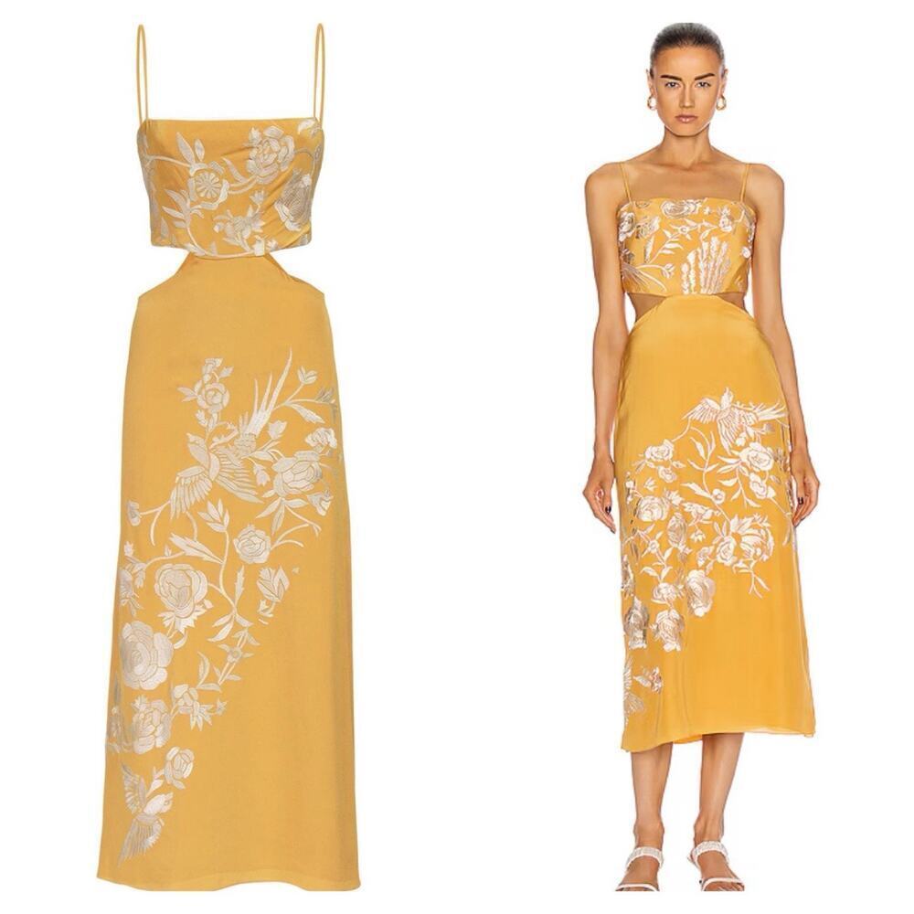 JOHANNA ORTIZ Embroidered Cut Out Midi Dress 12 L Silk Yellow Gold Floral $2250